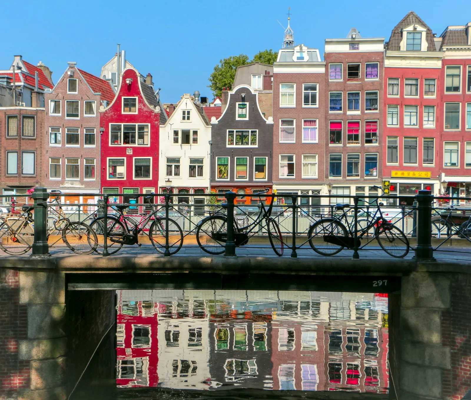 Bicycles parked on a bridge over a canal in Amsterdam with historic buildings