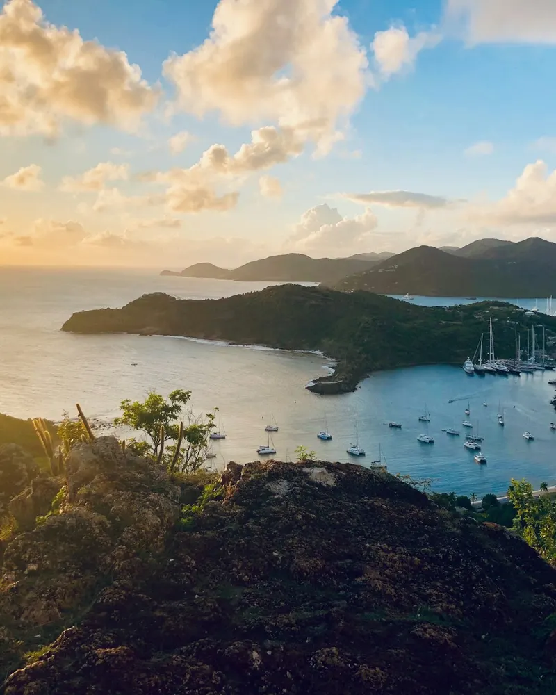 Sailboats anchored in a bay surrounded by green hills under a golden sky