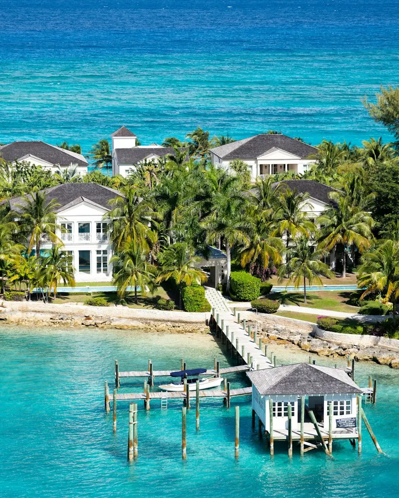 an aerial view of a tropical island with a dock