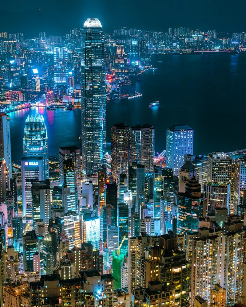 The illuminated skyline of Hong Kong at night viewed from Victoria Peak