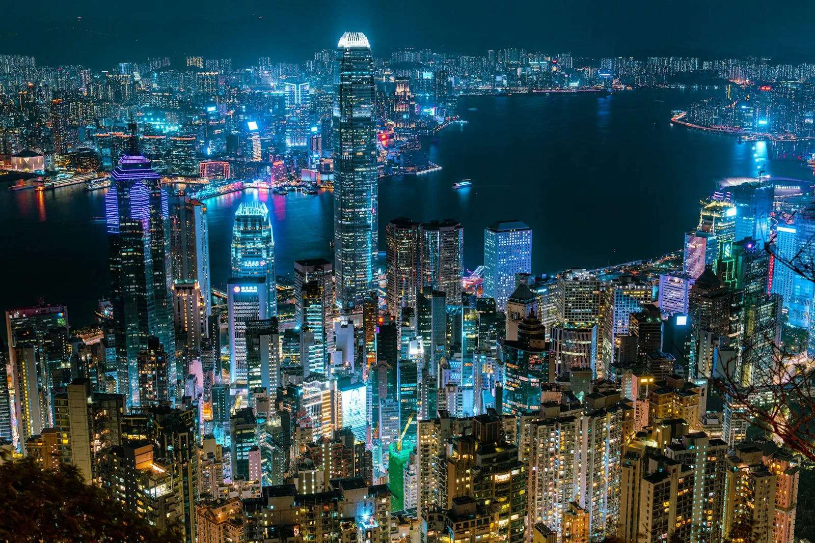The illuminated skyline of Hong Kong at night viewed from Victoria Peak