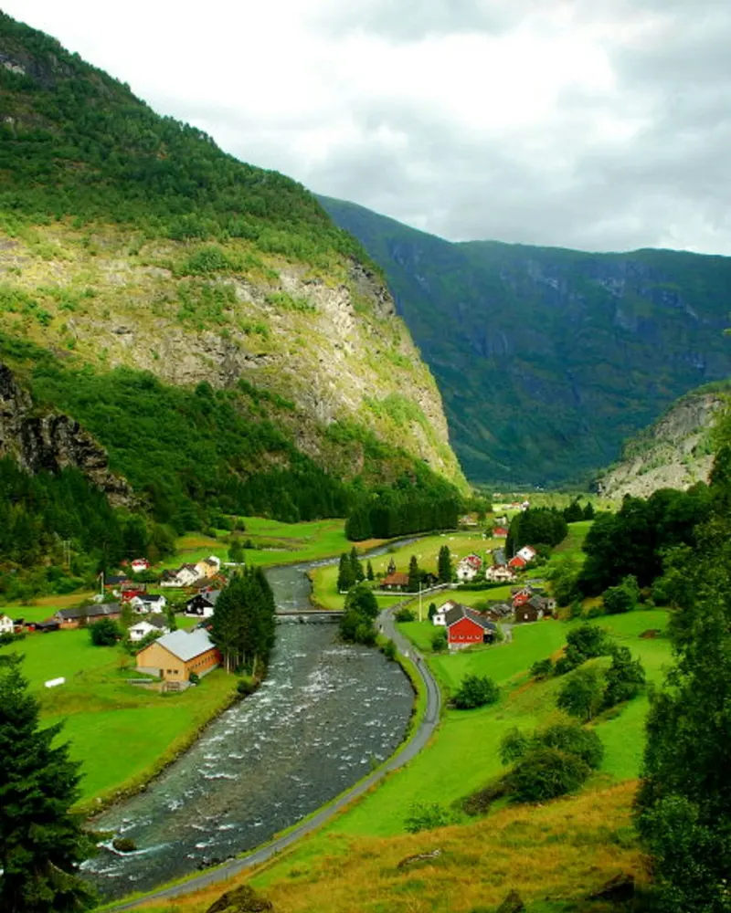 Green valley and mountains near Flåm in Norway