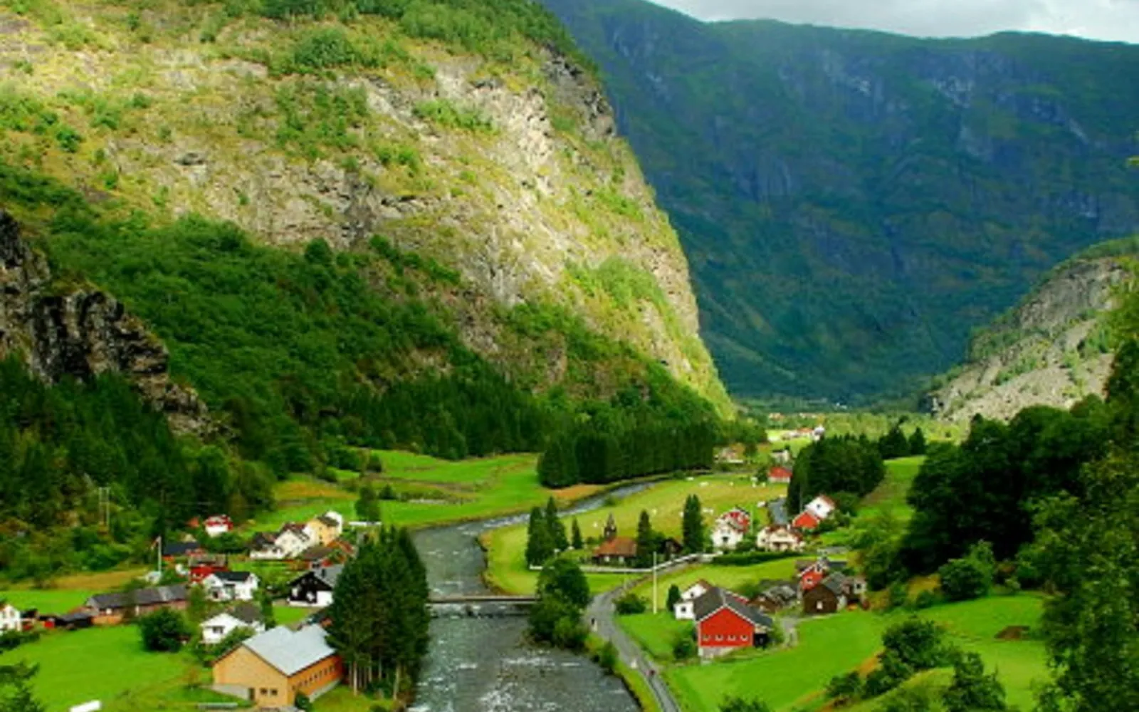 Green valley and mountains near Flåm in Norway