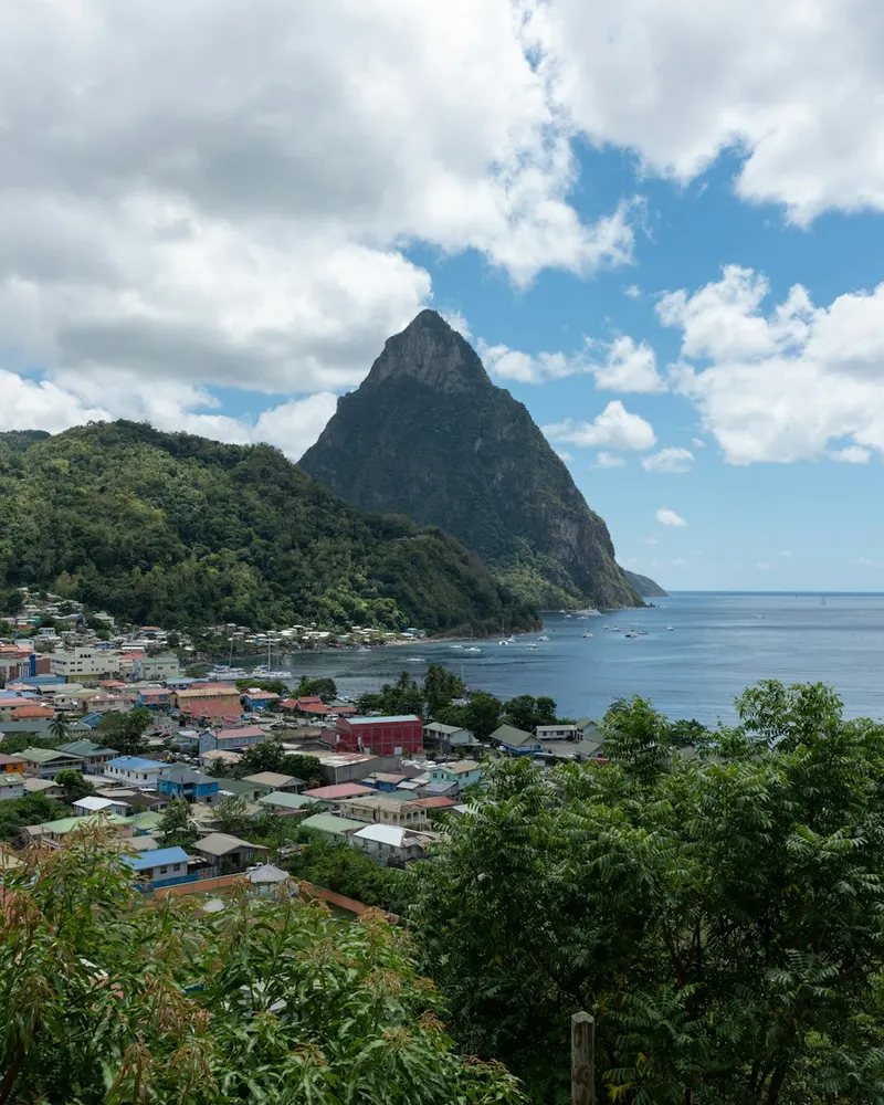a view of a city with a mountain in the background