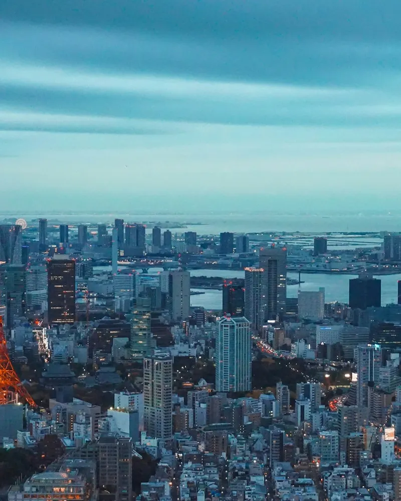 tokyo tower illuminated at dusk with city skyline