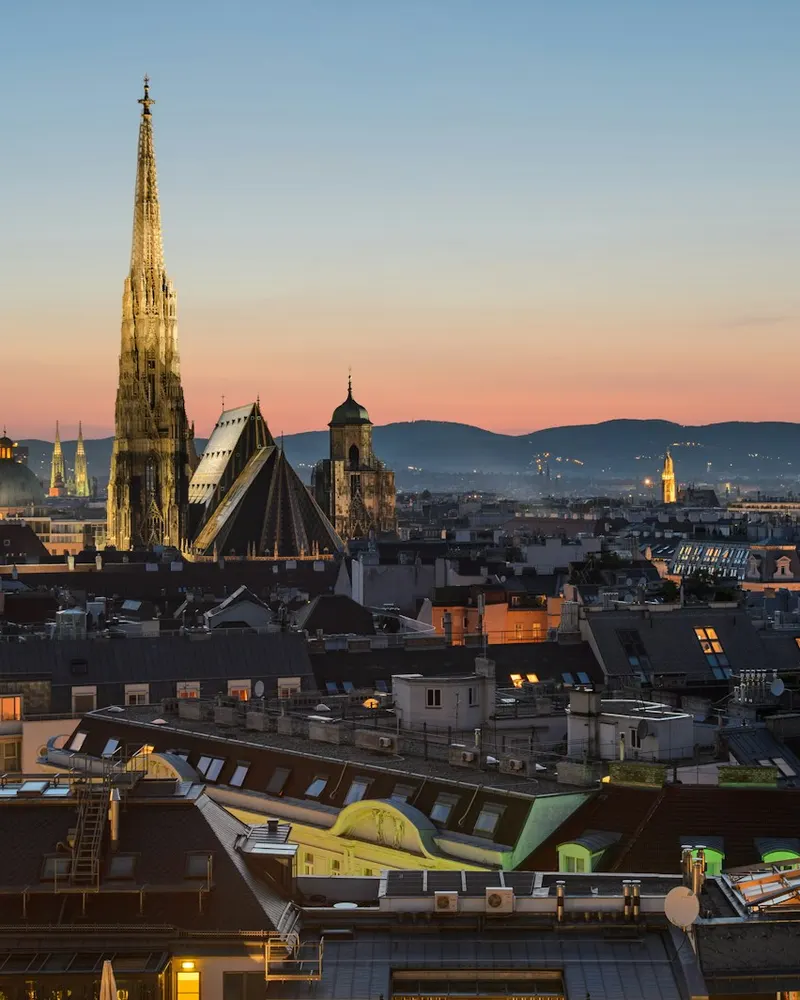 St. Stephen's Cathedral rising above the rooftops of Vienna at golden hour