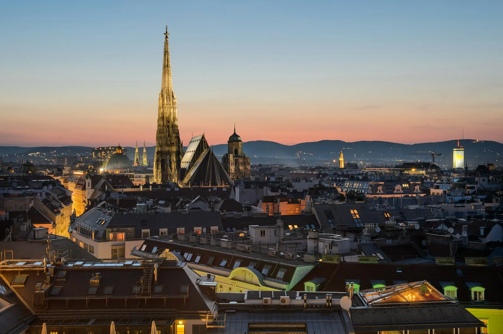 St. Stephen's Cathedral rising above the rooftops of Vienna at golden hour