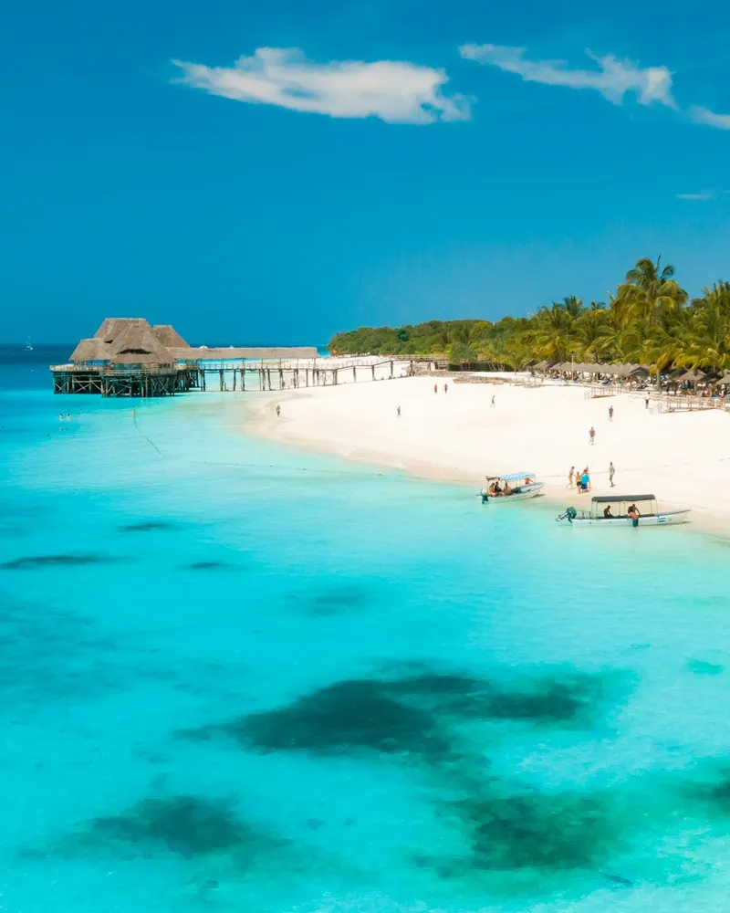 A white sand beach with palm trees and a wooden pier in Zanzibar, Tanzania